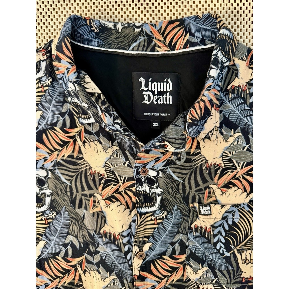 Liquid‎ Death Shirt Men XXL Floral Skull Button Down Hawaiian Camp Metal Energy